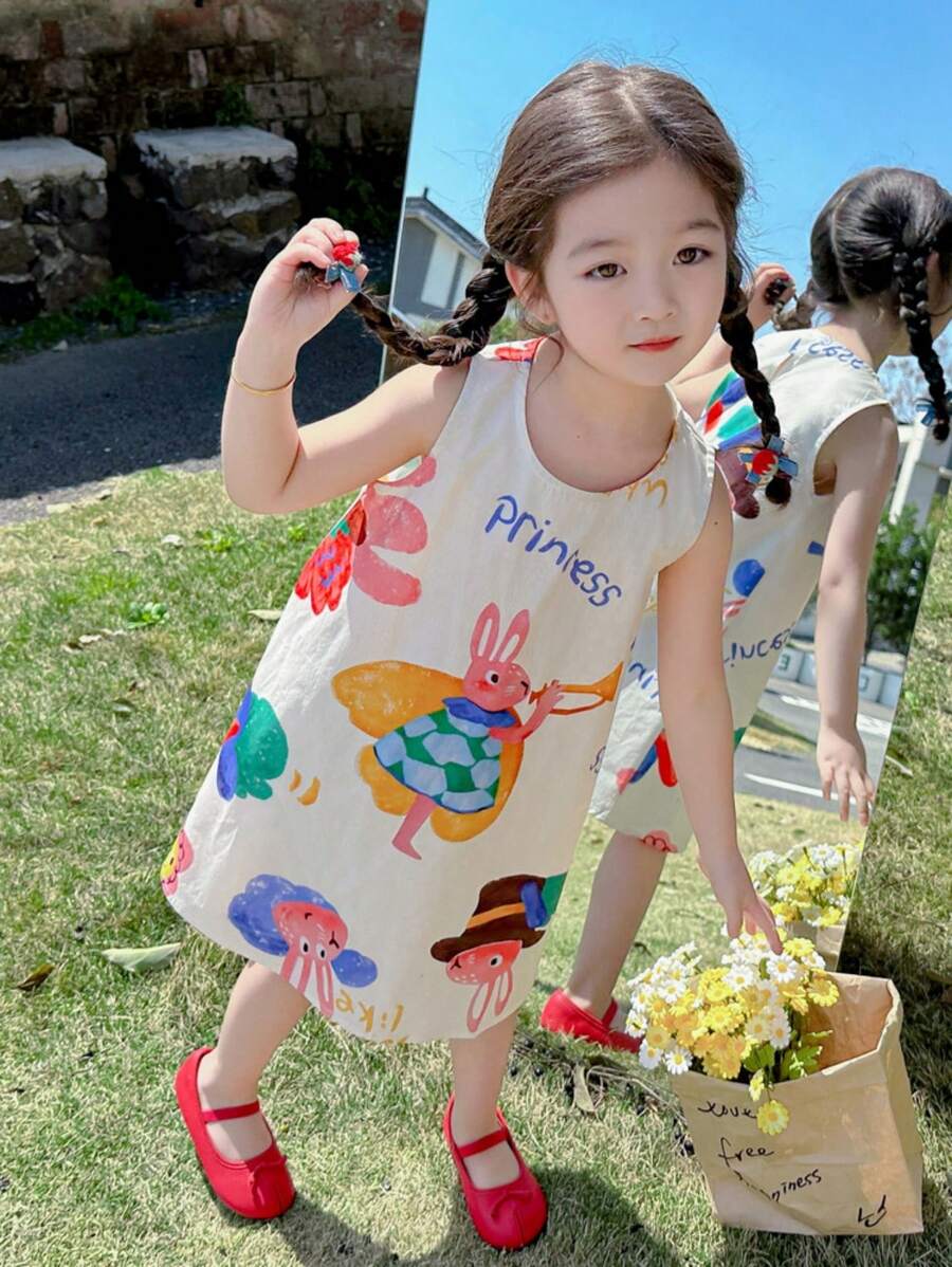Young Girl Summer Sleeveless Tank Dress With Letter & Cartoon Print For Casual Wear