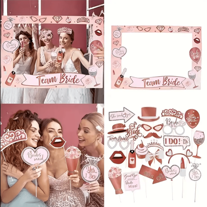 Junggesellenabschied Rose Gold Fotobox Requisiten Set - Handgehaltener Rahmen, 24 Lustige Accessoires - Perfekt für Brautduschen & Hochzeitsfeiern, Weihnachten