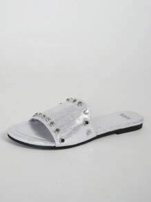 Sandalias planas transpirables, absorbentes de sudor, cómodas con decoración de remaches, zapatos de moda trendy para mujer - Plateado - Ver 8