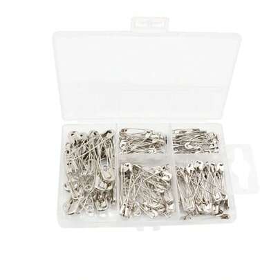 150Pcs Silver Plated Nickel Locking Brooch Pin Set In Small Grid Box