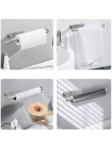 1 件银色免打孔毛巾杆、厨房纸巾架和保鲜膜收纳架，适用于浴室和厨房，浴室配件，浴室工具