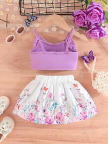 2pcs Baby Girl Summer Set: Bow Strap Top + Floral Print Skirt - Purple - View 7