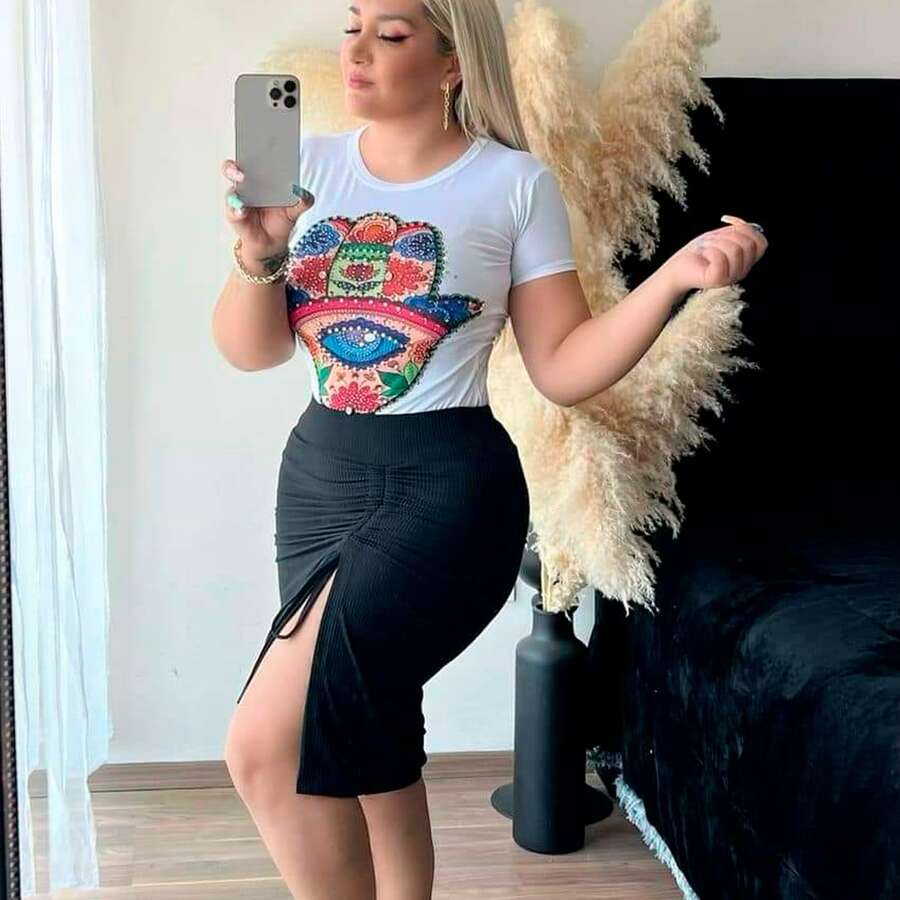 conjunto falda avertura y blusa - Negro - Ver 1