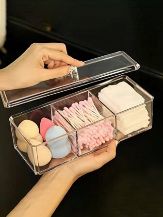 1pc Clear Acrylic Cosmetic Organizer Box With 3 Compartments For Makeup, Cleaning Swab, Beauty Essentials, Christmas Gift