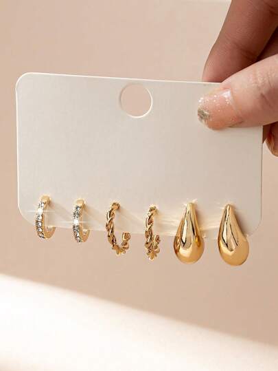 3 Pairs European And American Popular Exquisite And Simple Asymmetric Geometric Design Gold-Plated Metal Spiral Teardrop-Shaped Small C-Shaped Earrings With Inlaid Rhinestones Decoration, Suitable For Women To Wear On Daily And Festival Occasions, At Work, As Gifts, Or As Jewelry Accessories