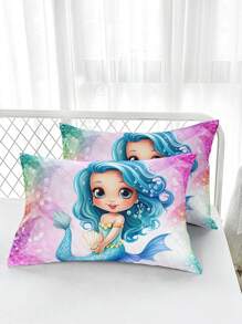 3入組漫畫人魚捲髮女孩床上四件套（1床罩無被芯+2枕套無芯），家居宿舍高清印花圖案 - 彩色 - 查看 7