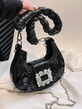 小型純色PU肩袋，鑲有閃爍鑽石，時尚腋下袋，個性化女士斜背包