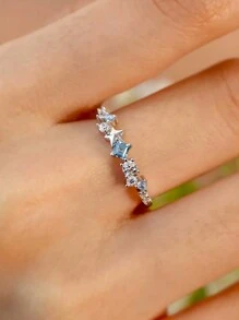 BALMORA 1pc Minimalist Alluring S925 Sterling Silver Square Blue Zirconia Star Ring, Exquisite Jewelry Gift For Mother's Day - Silver - View 2