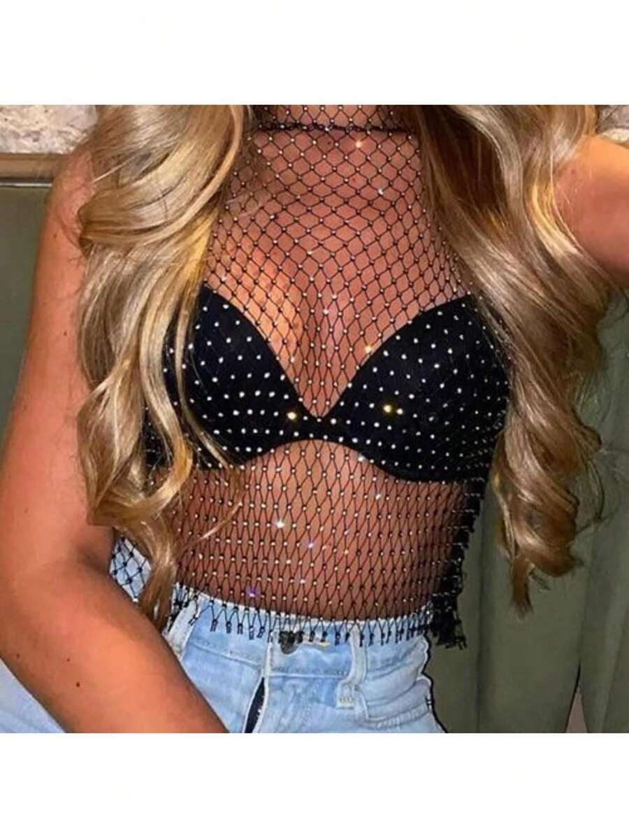 Top de malla con detalles de pedrerías y sin sujetador, sexy para Halloween - Blanco - Ver 1
