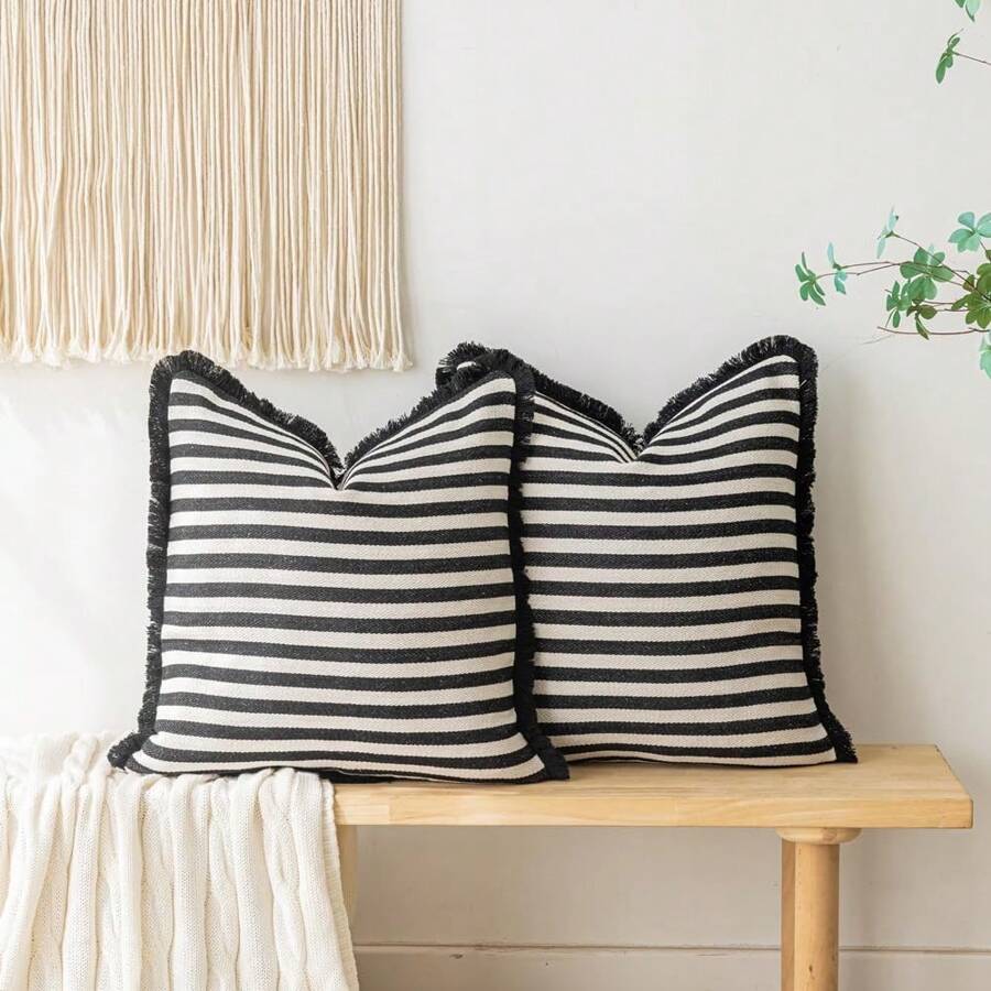1pc Striped Woven Home Decor Sofa Cushion Cover - Black - View 1
