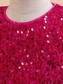 Vestido de princesa de tul de malla con lentejuelas para niñas, adecuado para niña de las flores, fiesta y elegante, sin diadema - Rosa Fucsia - Ver 5