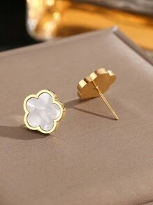 1 Pair Elegant & Cute Floral Design Stainless Steel Earrings, Suitable For Women's Daily Wear And Party Occasions, Great Mother's Day Gift - Yellow Gold - View 6