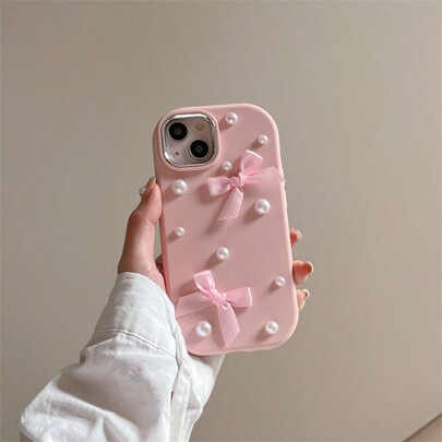 Apple Iphone 16 Fashionable 3D Pearl Bowknot Pink TPU Phone Case Compatible With Iphone15promax/IPhone15/IPhone15plus/IPhone14promax/IPhone14pro/Phone14, Elegant IPhone13 Goddess 12/12pro/11 Aesthetic Shockproof Phone Protective Cover