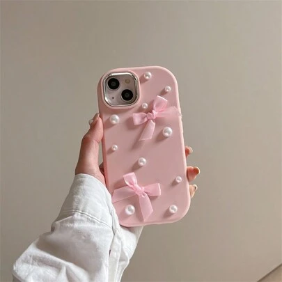 Apple Iphone 16 Fashionable 3D Pearl Bowknot Pink TPU Phone Case Compatible With Iphone15promax/IPhone15/IPhone15plus/IPhone14promax/IPhone14pro/Phone14, Elegant IPhone13 Goddess 12/12pro/11 Aesthetic Shockproof Phone Protective Cover