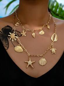 One Ocean Vacation Style Women\ Multi-Layered Necklace With Conch, Starfish, Shell, Turtle, Crab Clips And Pendant In European And American Style - Yellow Gold - View 1