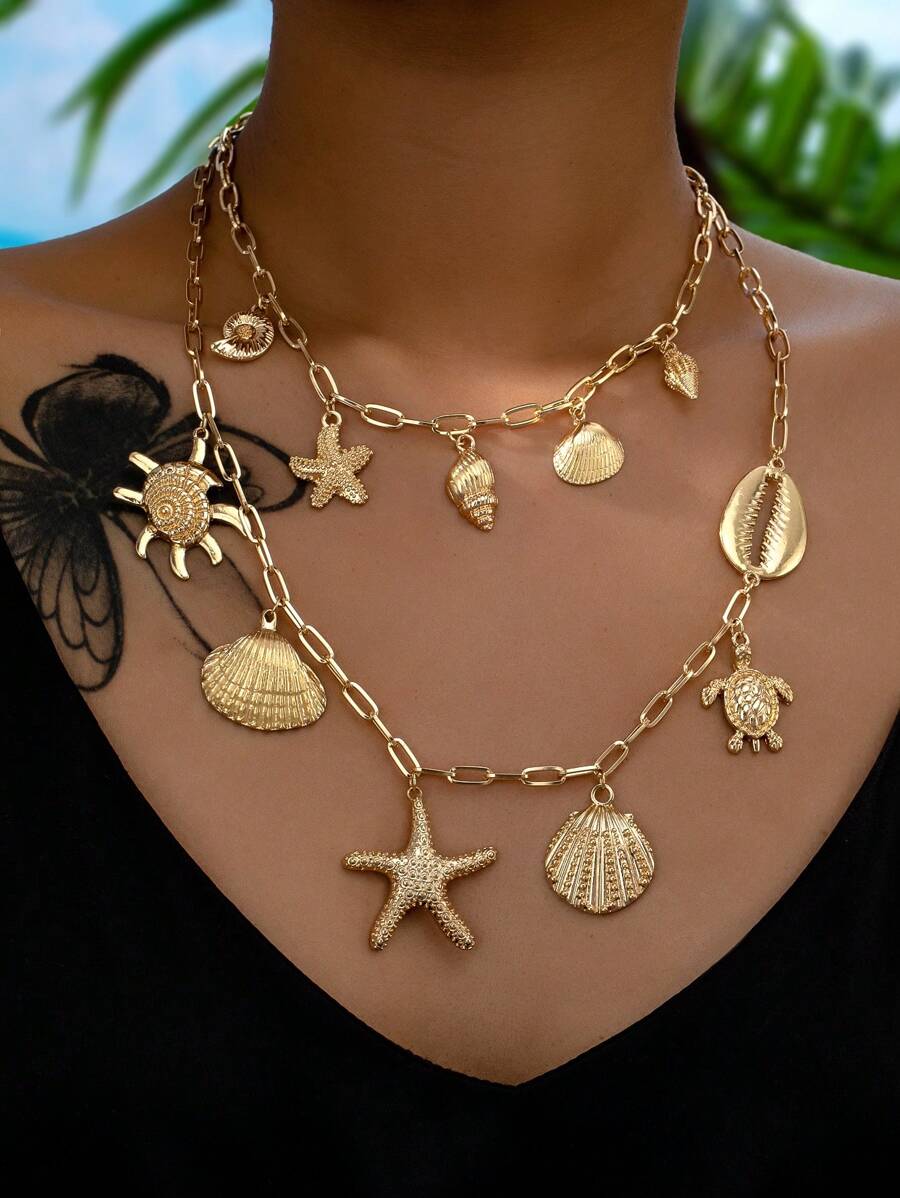 One Ocean Vacation Style Women\ Multi-Layered Necklace With Conch, Starfish, Shell, Turtle, Crab Clips And Pendant In European And American Style - Yellow Gold - View 1