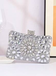 Women's Fashion Sparkling Rhinestone Box Style Evening Bag, Sunflower Crystal Rhinestone Formal Dress Clutch Bag For Romantic Wedding, Bride Purse, Formal Party, Prom, Dates, Glamorous Rhinestone Bag - Silver - View 2