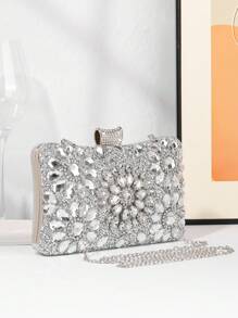 Women's Fashion Sparkling Rhinestone Box Style Evening Bag, Sunflower Crystal Rhinestone Formal Dress Clutch Bag For Romantic Wedding, Bride Purse, Formal Party, Prom, Dates, Glamorous Rhinestone Bag - Silver - View 3
