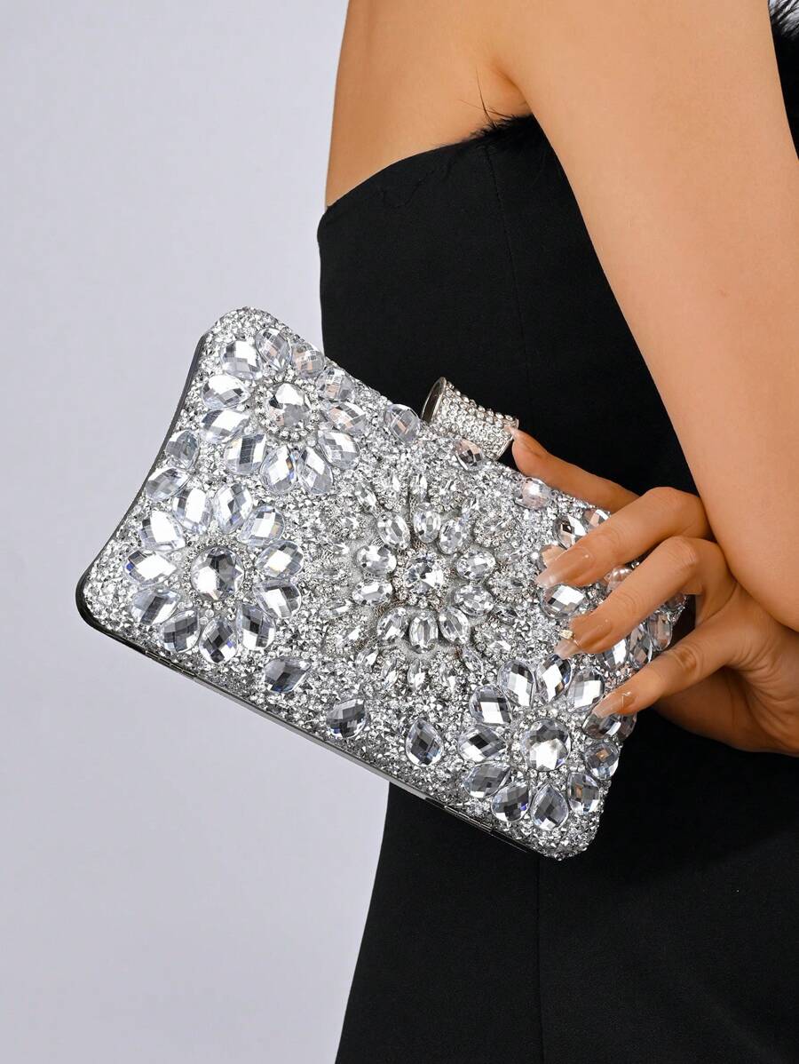 Women's Fashion Sparkling Rhinestone Box Style Evening Bag, Sunflower Crystal Rhinestone Formal Dress Clutch Bag For Romantic Wedding, Bride Purse, Formal Party, Prom, Dates, Glamorous Rhinestone Bag - Silver - View 1