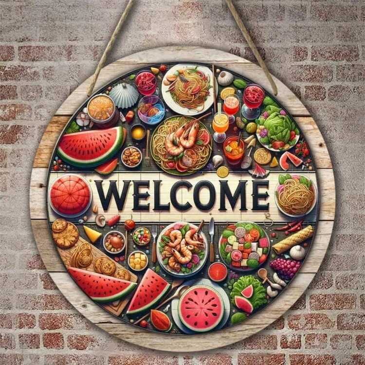 1pc Wooden Home Decoration, Round Welcome Sign With Watermelon And Summer Food Design, 8x8 Inches (20cmx20cm), Spring Festival Banners, Wreath Centerpiece, Farmhouse Wall Decor, Home And Porch Decor (8x8 Inches / 20x20cm) - Multicolor 11 - View 5