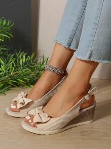 女士露趾坡跟凉鞋，带扣踝带，蝴蝶结细节结扣趾踝带 Eppadrille 鞋，时尚厚底派对坡跟凉鞋