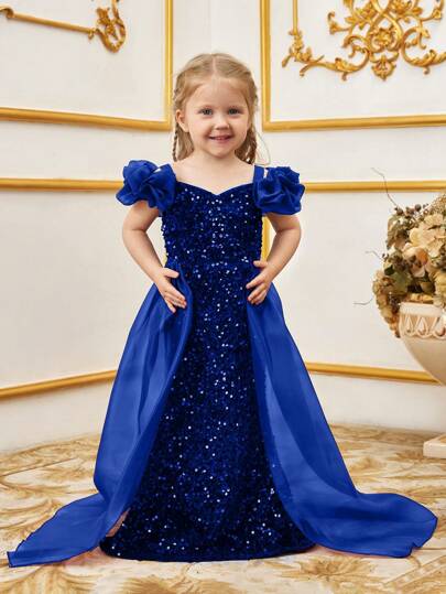 Elegant Off-Shoulder Mermaid Evening Dress For Young Girl, Featuring Ruffle Details And Flowing Organza Chiffon Panels, Suitable For Formal Occasions Such As Graduation Prom