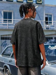 INFLATION T-shirt à manches courtes pour homme imprimé avec des lettres à l"aspect usé pour l"été - Noir - Voir 5