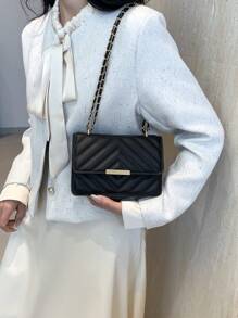 Simple And Stylish Mini Square Bag With Metal Chain - Black - View 5