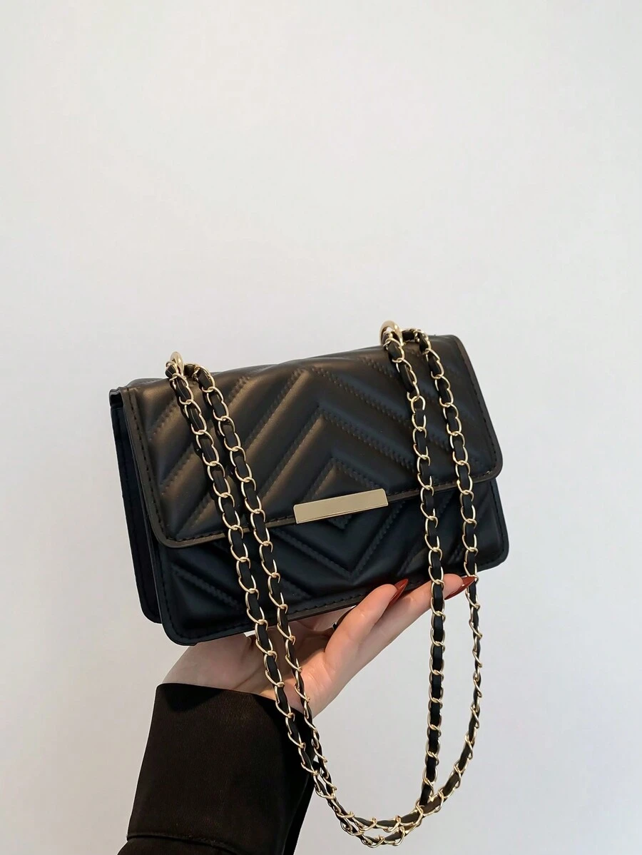 Simple And Stylish Mini Square Bag With Metal Chain - Black - View 1