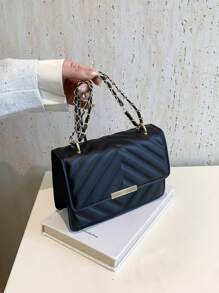 Simple And Stylish Mini Square Bag With Metal Chain - Black - View 3