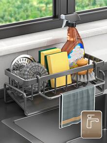 1 pieza Con soporte para trapos, soporte de plástico para drenaje de fregadero de cocina, soporte para drenaje de esponja, para recolección de suministros de limpieza de cocina y baño. - Gris - Ver 5