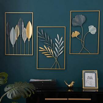 3 st guldfärgade metallväggdekorationer trädlöv 3D-målningar väggkonst hängande dekorationer för vardagsrum, sovrum (referensbilder 8-9)