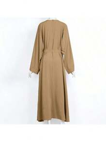 2-Piece Set Abaya Robe + Chiffon Hijab,  Muslim Arab Plain Plus-Size Round Neck And Wide Sleeve Long Robe, Suitable For Daily Wear - Apricot - View 4