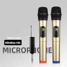 Micrófono inalámbrico universal con amplificador de audio para el hogar, consola de mezcla, transmisión en vivo, micrófono todo en  con capacidad de  a dos. - Dorado - Ver 1