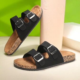 Chanclas planas de corcho con hebilla de moda, estilo de vacaciones, diapositivas casuales al aire libre para mujer/hombre en la playa durante el verano.