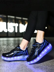 兒童可充電LED發光運動鞋，配有自動單/雙輪滾輪溜冰鞋底 - 黑色 - 查看 3