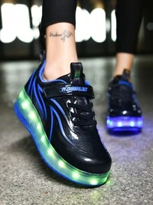 兒童可充電LED發光運動鞋，配有自動單/雙輪滾輪溜冰鞋底 - 黑色 - 查看 4