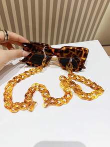 Vintage Square Oversized Chunky Frame Plastic Sunglasses Men Women Stylish Classic Decoration Outdoor Travel Beach Vacation UV Protection Eyewear + Leopard Print Stylish Eyeglass Chain - Multicolor - View 5