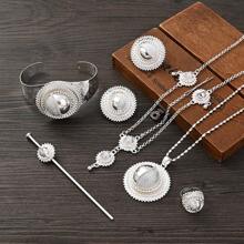 Bộ trang sức cô dâu bạc cổ điển, bao gồm mặt dây chuyền, dây chuyền đội đầu, bông tai & vòng tay, quà cưới kiểu Ả Rập - Bạc - Xem 3
