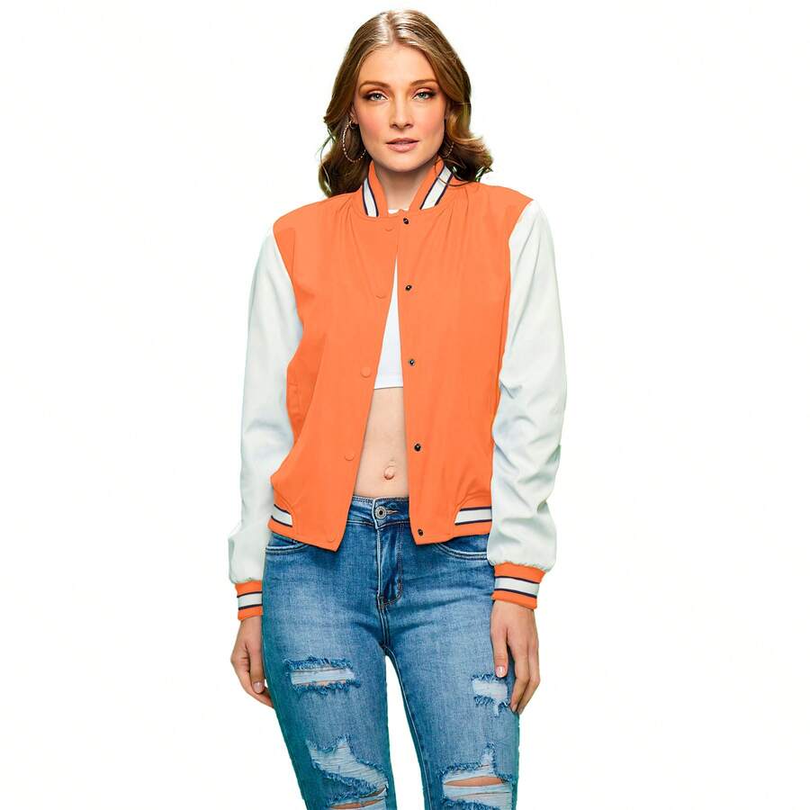 Chamarra Dama Bomber Jacket Con Manga En Contraste Blanco - Naranja - Ver 1