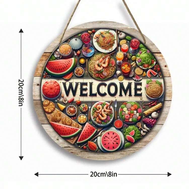 1pc Wooden Home Decoration, Round Welcome Sign With Watermelon And Summer Food Design, 8x8 Inches (20cmx20cm), Spring Festival Banners, Wreath Centerpiece, Farmhouse Wall Decor, Home And Porch Decor (8x8 Inches / 20x20cm) - Multicolor 11 - View 2
