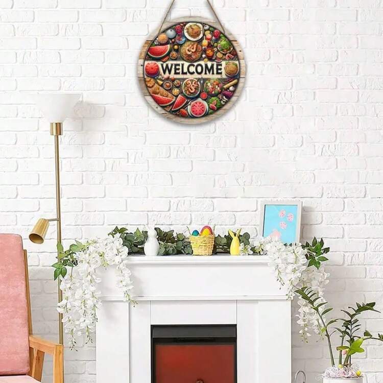 1pc Wooden Home Decoration, Round Welcome Sign With Watermelon And Summer Food Design, 8x8 Inches (20cmx20cm), Spring Festival Banners, Wreath Centerpiece, Farmhouse Wall Decor, Home And Porch Decor (8x8 Inches / 20x20cm) - Multicolor 11 - View 3
