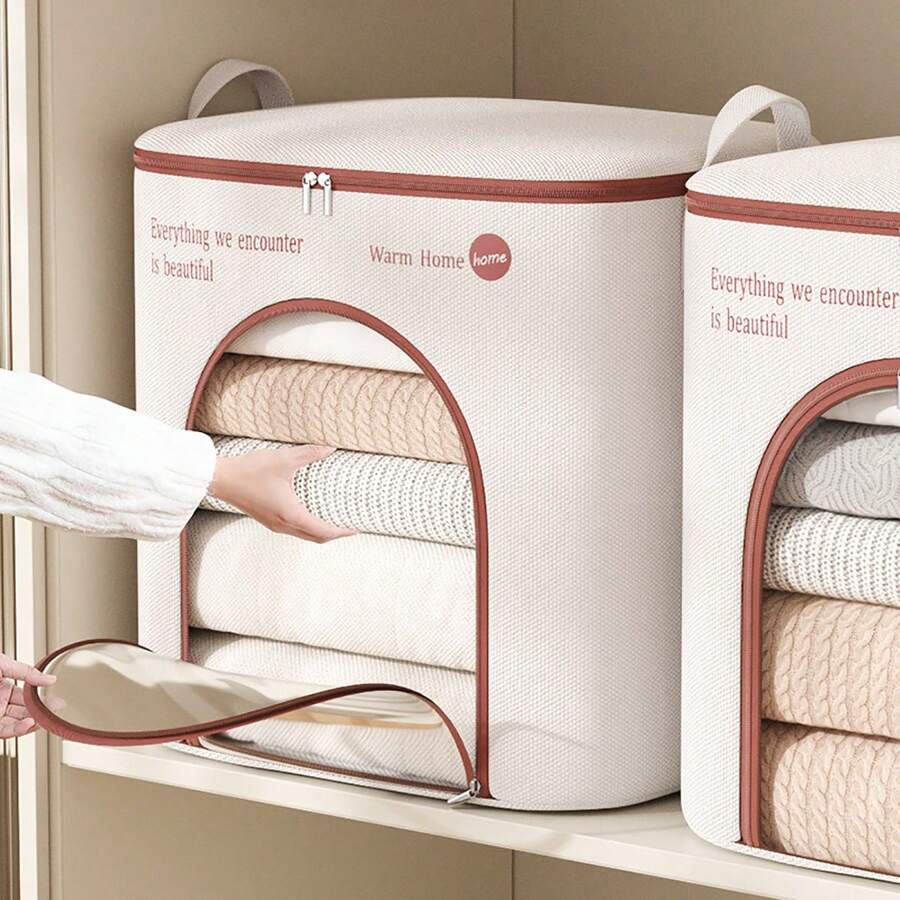 1pc Clothing Storage Box/Bag Fabric Foldable Bag With Visual Window, Large Capacity Oxford Organizer For Wardrobe/Car, Suitable For Dorm Moving/Packing - Beige - View 1