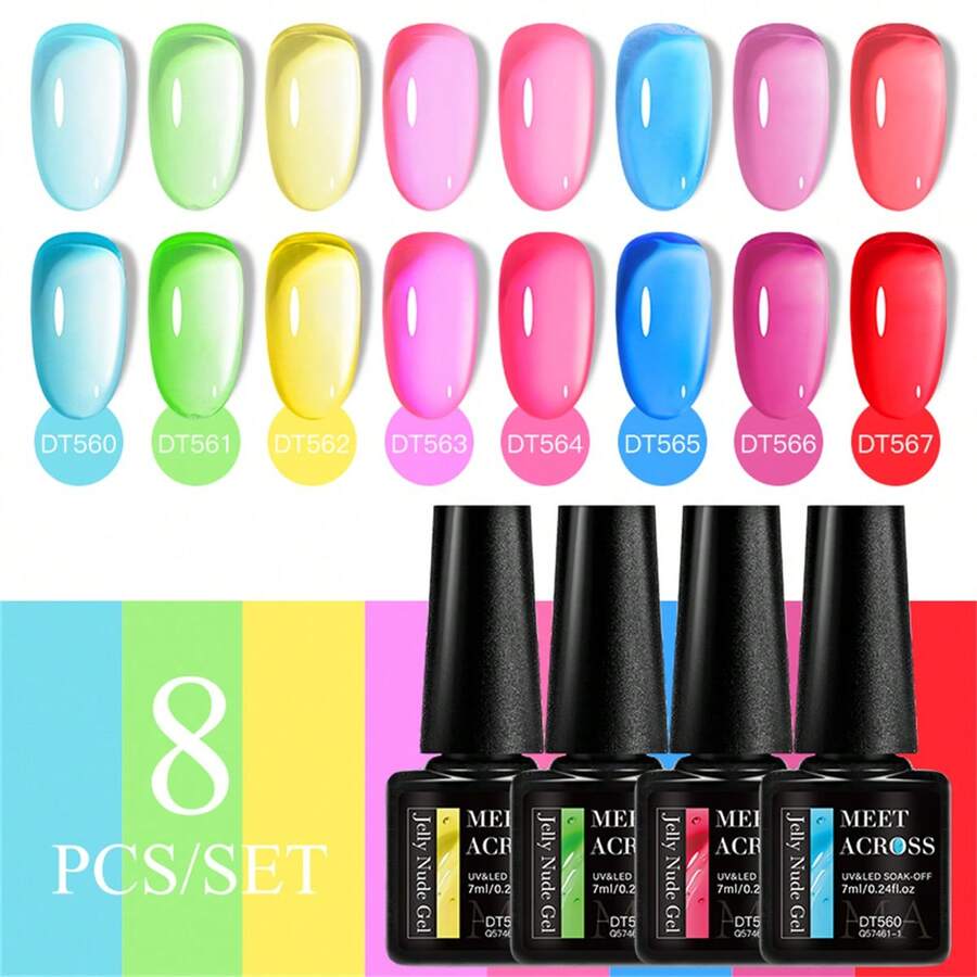 MEET ACROSS 8pcs Crystal Jelly Glass Gel Nail Polish Set, 7ml, Semi-Transparent Blue Pink Yellow Candy Colors, Soak-Off UV Gel Nail Polish, Ice Sensation, Removable UV LED Manicure, Salon DIY Gel Nail Design Decor, Home Manicure Gift, Women Gift - 彩色 - 查看 1