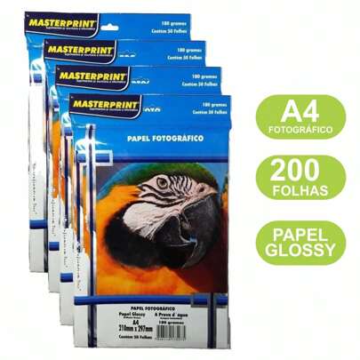 Papel Fotográfico 180g A4 Kit 200 folhas Glossy Resistente a Água