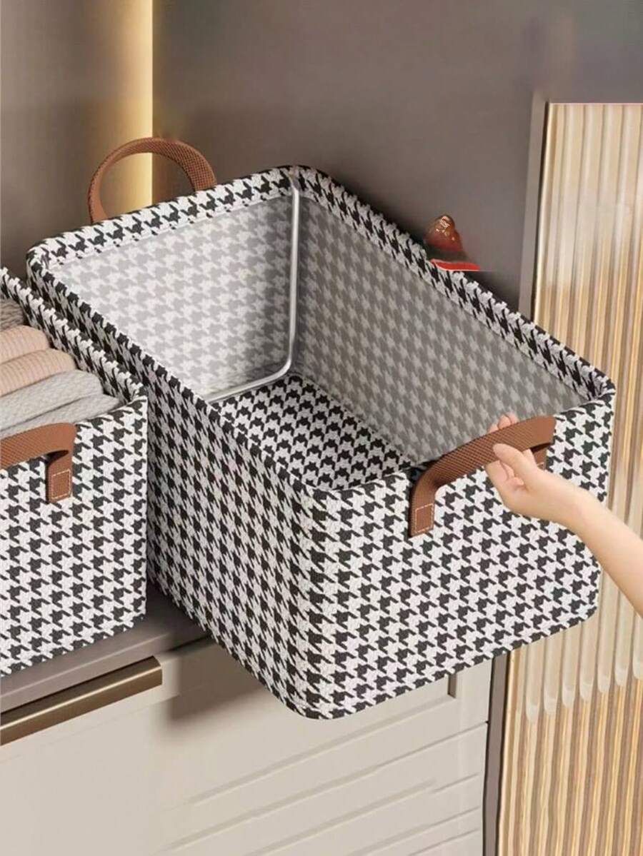 1入組28L容量鋼架和無隔板拼花收納盒，帶衣服和褲子收納-臥室整理布製收納盒 - 黑與白 - 查看 1