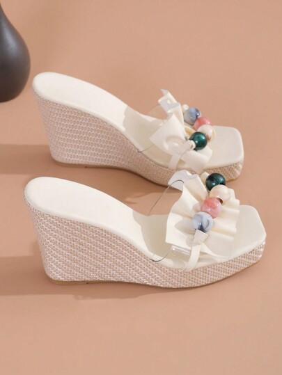 Women Fashionable Outdoor Sandals, Wedge Heel Thick Bottom Sandals With Beaded Decoration For Summer Valentines