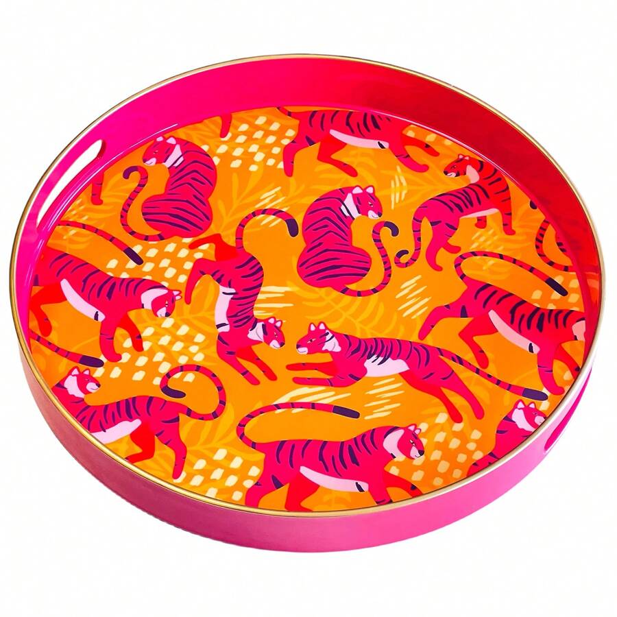 Zosenley Round Decorative Tray Leopard Pattern, Marbling Plastic Tray With Handles, Modern Vanity Tray And Serving Tray For Ottoman, Coffee Table, Kitchen And Bathroom, Size 13 Inch - Multicolor - View 1