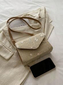 Fashionable Splicing Woven And Embroidered Flip Small Square Bag Mini Crossbody Bag - Khaki - View 6