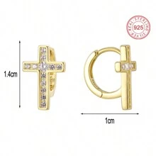 Artepollo 1 Đôi bông tai bạc 925 không gây dị ứng hình thánh giá đính đá Cubic Zirconia, quà tặng sinh nhật cho bé gái - Vàng - Xem 5